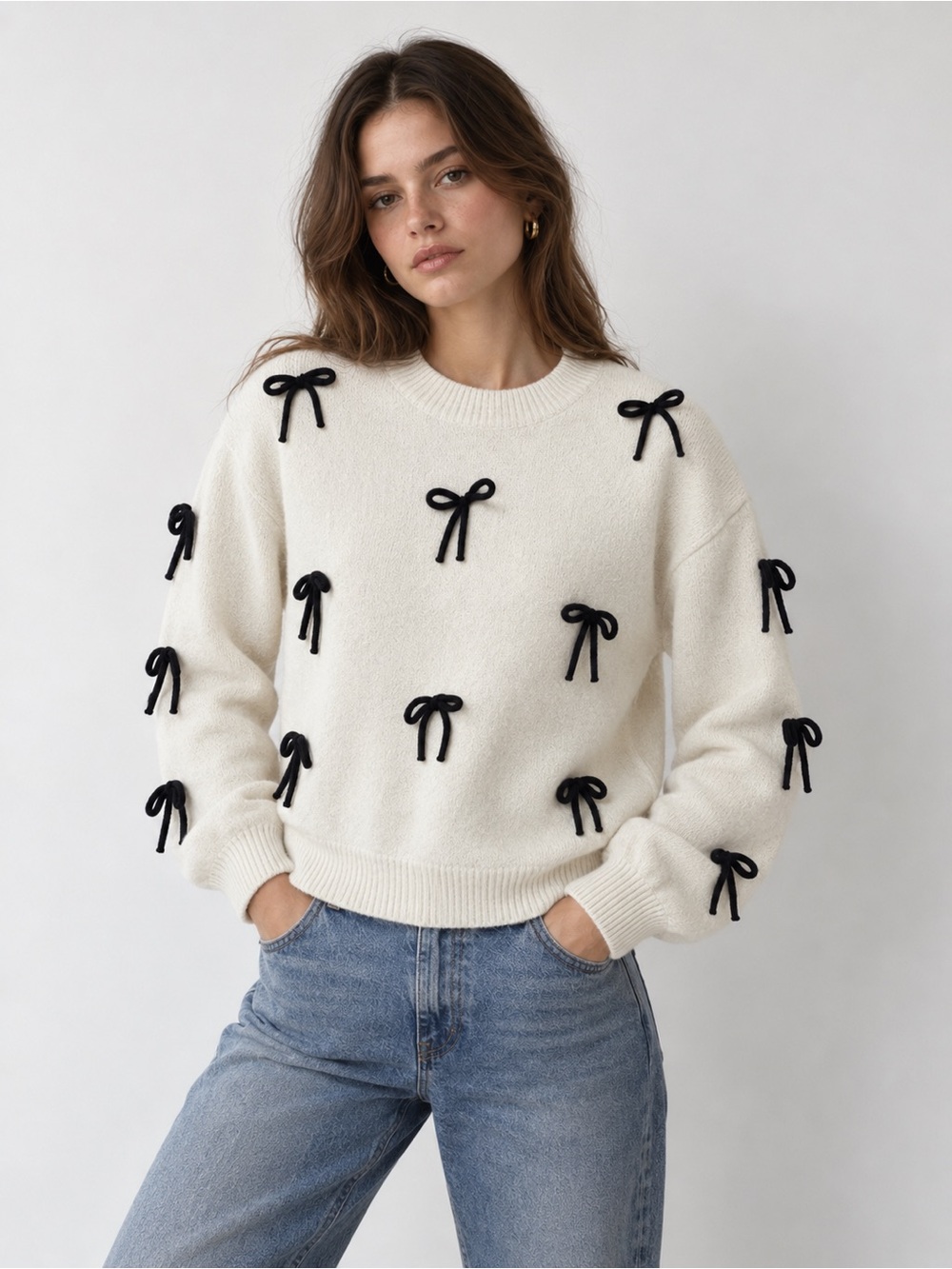 Anthropologie Luna Ivy White Knit sweater with Black Bows Size Medium